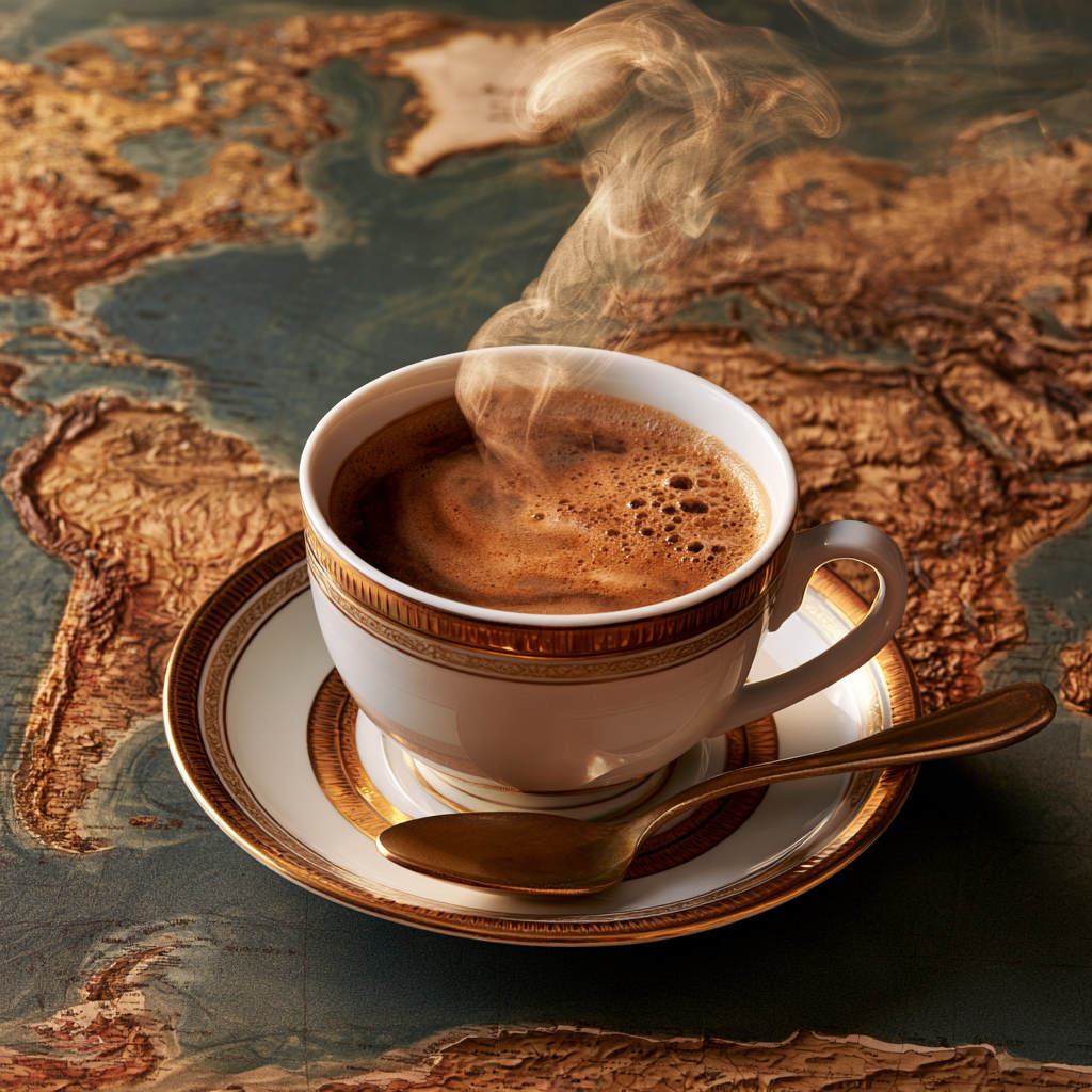 A steaming cup of coffee on a world map, a tour of our single-origin coffees